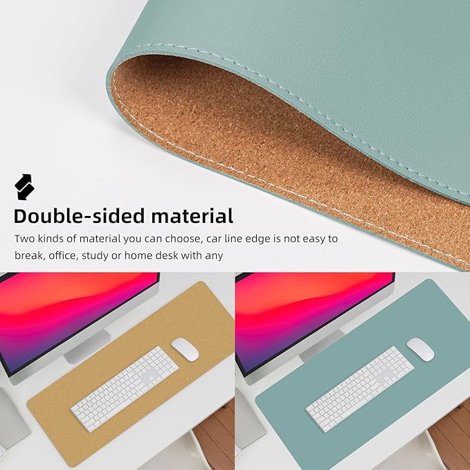 Leather Desk pad Protector, Large Desk mat with Natural Cork & PU Leather,Mouse pad,Non-Slip Office Desk Mat,Waterproof Desk Writing Pad for Office and Home (35in*17in, Light Blue)