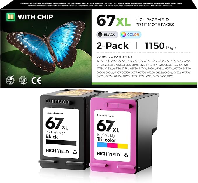 67XL Ink Cartridge High Yield 2-Pack Replacement for HP 67 XL Black Tri-Color Compatible for HP Ink 67 67XL for DeskJet 2755e 2700 2855e 2800 2752 2742e 4155e 4255e 4100 Envy 6055 6055e 6455e Printer