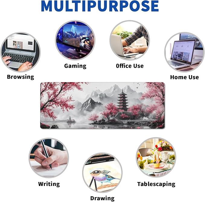 Pagoda Mouse Pad Abstract Cherry Blossom Watercolor Mouse Pad 31.5x11.8 Inch Texture Non-Slip Rubber Base Large Mousepad Stitched Edges Keyboard Mouse Mat Desk Pad for Office and Home