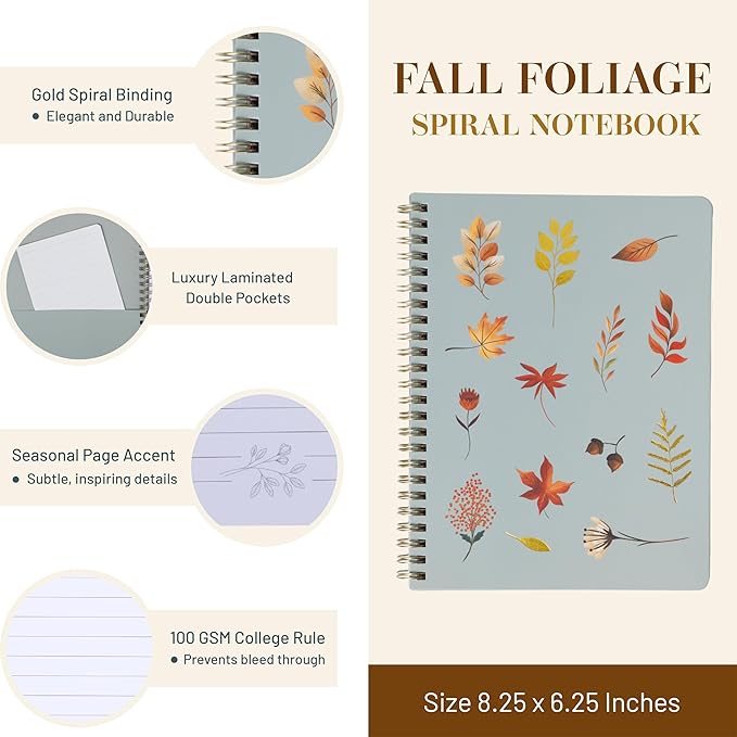 Happy Hoos® Aesthetic Spiral Notebook - 6.25" x 8.25" College Ruled Journal Notebook - Hard Cover Writing Journal for Work, School, Travel, More - Floral Notebook 8 Seasonal Designs (Fall Foliage)