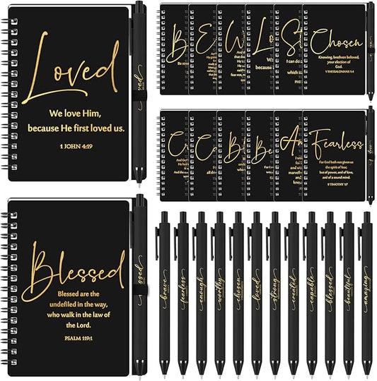 Kosiz 24 Sets Inspirational Christian Gifts Bulk Christian Notebooks Prayer Journals with Pens Spiral Bible Journals Religious Gifts for Church Grandparent Pastors Day Sunday School (Black)