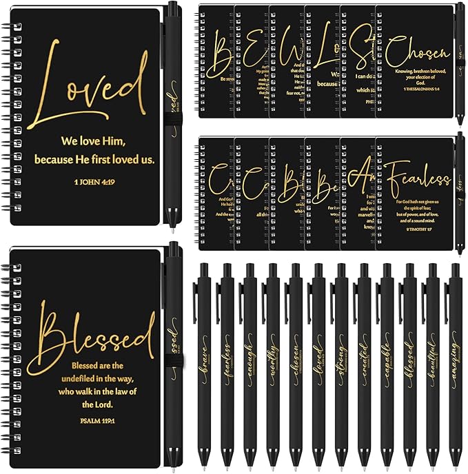 Kosiz 48 Sets Inspirational Christian Gifts Bulk Christian Notebooks Prayer Journals with Pens Spiral Bible Journals Religious Gifts for Church Grandparent Pastors Day Sunday School (Black)