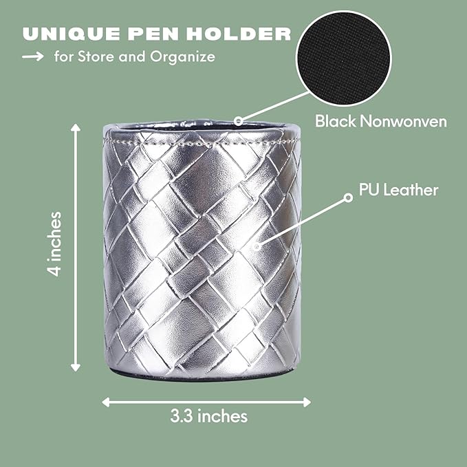 Pen Holder for Desk Cute, PU Leather Pen Stand for Cosmetics Office Organization, Makeup Brush Cup Silver Grid PH112