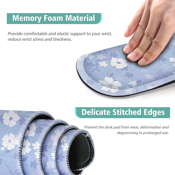 Large Mouse pad,4 in 1 Extended Keyboard Desk Mat with Wrist Rest,Non-Slip Desk Pad Protector Easy Typing Pain Relief for Home Office (Light Purple Flower)