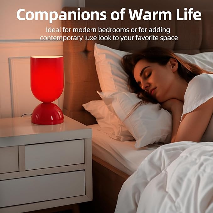 8.9" Modern Glass Table Lamp for Living Room, Desk Lamps for Bedroom, UL Listed Nightstand Lamp with Dome Base, End Table Lamps Home Decor for Kids Room, Side Tables, College Dorm, Office, Glossy Red