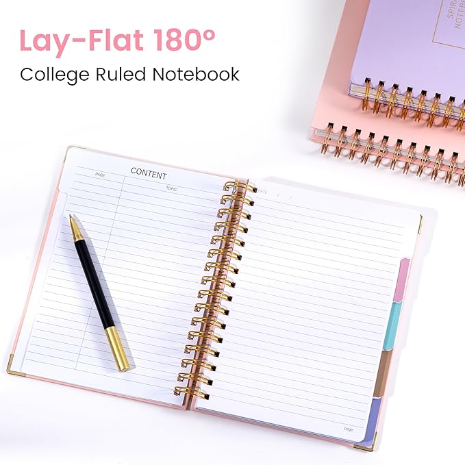 Yoment Hardcover Spiral Notebooks for Work School Note Taking, 6.1"x8.3" Journal Notebook with Tabs Dividers, Multi 5 Subject Notebook College Ruled, 200 Pages Lined Journal for Women, Pink