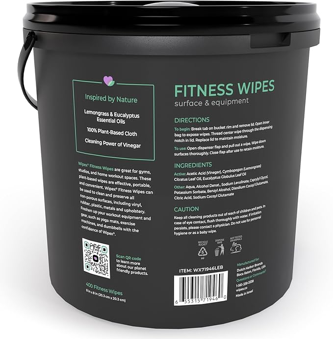 Wipex Yoga Mat Cleaner Wipes - Plant-Based Lemongrass, Eucalyptus & Vinegar Wipes for Gym & Fitness Equipment & All Purpose Gym Cleaning - Safe for Peloton Bikes & Treadmills - 400 Count