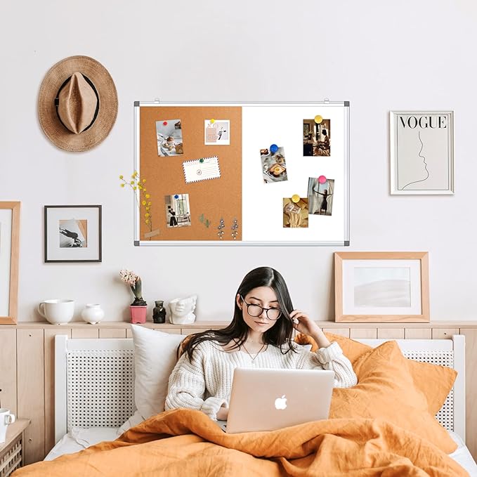 WALGLASS Combination Magnetic Whiteboard & Corkboard, 36"x24" Combo for School, Office & Home, Dry Erase Board with Removable Tray, Pins, Eraser, Markers & Magnets