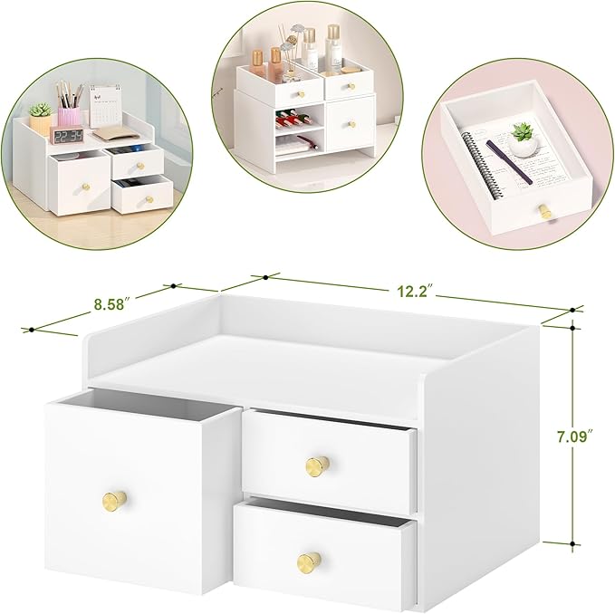 Bamboo Desk Organizer with Drawers Wooden Desktop Storage Drawers for Bills Office Supplies Kitchen Utensils Organizing Tool for Home Classroom Organization No Assembly (3 Drawer, White)