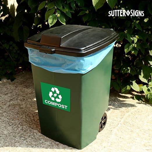Compost Stickers, Self Adhesive Weatherproof Vinyl Stickers, Green, 7" x 10" (Pack of 4)