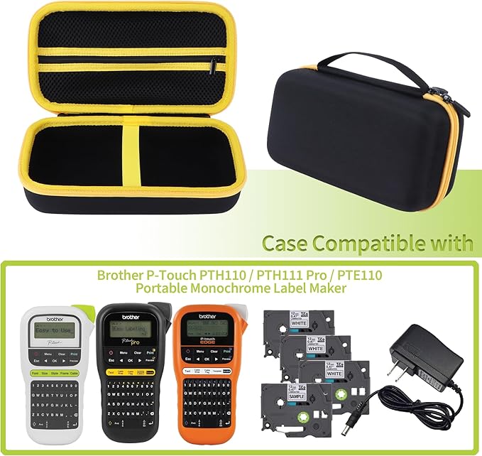 Case Compatible with Brother P-Touch PTH110 / PTH111 Pro / PTE110 Portable Monochrome Label Maker (Black+Yellow Zipper)