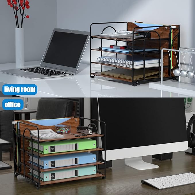 Desk File Organizer, 4-Tier Desk Organizers Wood with 5 A4 File Folders, Letter Size Office Organization, Letter Paper Tray Organizer for Office, School, Home, Black