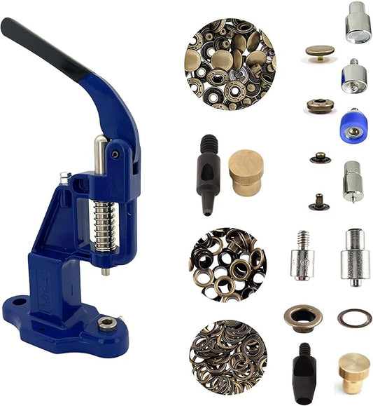 Hobby Trendy Hand Press with Rust Free Steel 50 Sets Ln24 15mm Fashion Spring Glove Snaps and 50 Sets Brass 8 mm (Nr5) Eyelets, Matching Dies and Hole Punches (Bronze Supplies, Navy Press)