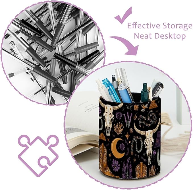 Western Boho Style Bull Skulls Pattern Circular Pen Holder, Pen Cup Makeup Brush Holder, Design for School, Home and Stationary Supplies (3.9 x 3.1 Inches)