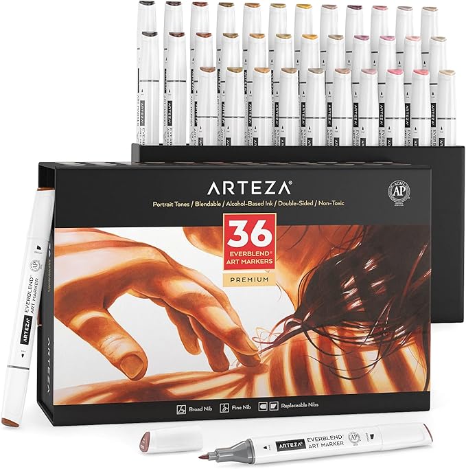 ARTEZA Alcohol Markers – Set of 36 Portrait & Skin Tone EverBlend Dual Tip Markers with Fine and Chisel Nibs and Organizer Box for Drawing