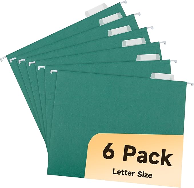 Green Hanging File Folders 6 Pack Letter Size File Folders with 1/5-cut Tabs,Stay Organized for Your Home and Office Bulk File and Documents