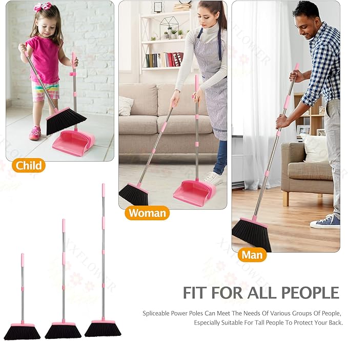 XXFLOWER Broom and Dustpan Set, Dustpans with Broom Combo for Home, Heavy Dust Broom and Dustpan Combo, Long Handle Dust Pan and Broom Set for Kitchen, Office, Pet Hair,Pink, Pack of 1