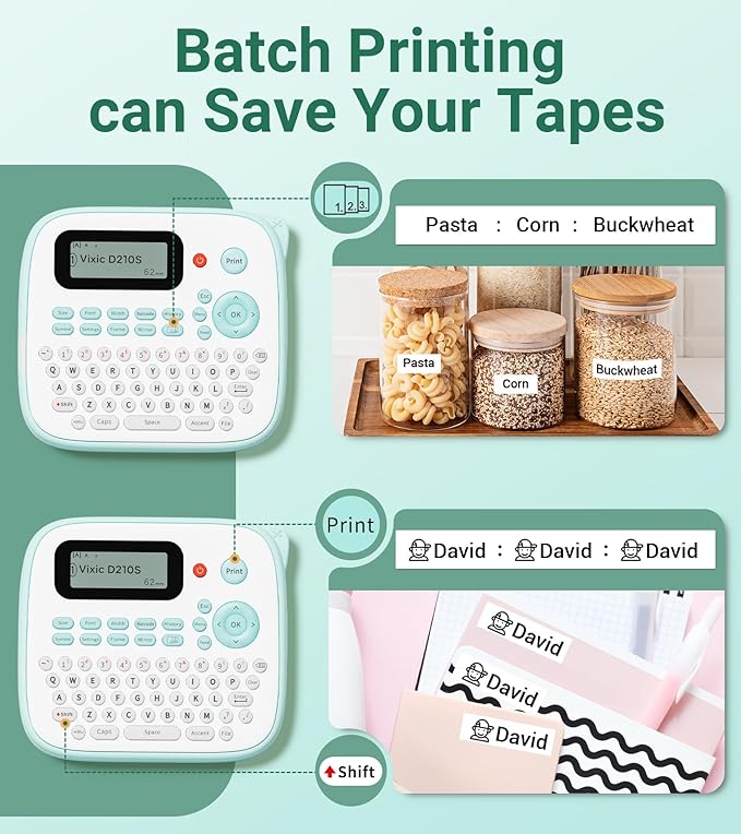 Vixic Label Maker, D210S Label Maker Machine with 4 Laminated Tapes, 12mm Labeler Labelmaker with QWERTY Keyboard, Print Different Fonts Frame Barcode for Home Office School, Green