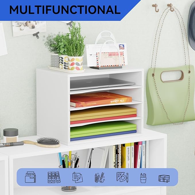 Wood Desktop Letter Tray File Organizer, Paper Storage Mail Sorter with 3 Adjustable Drawer Boards for Home and Office, White