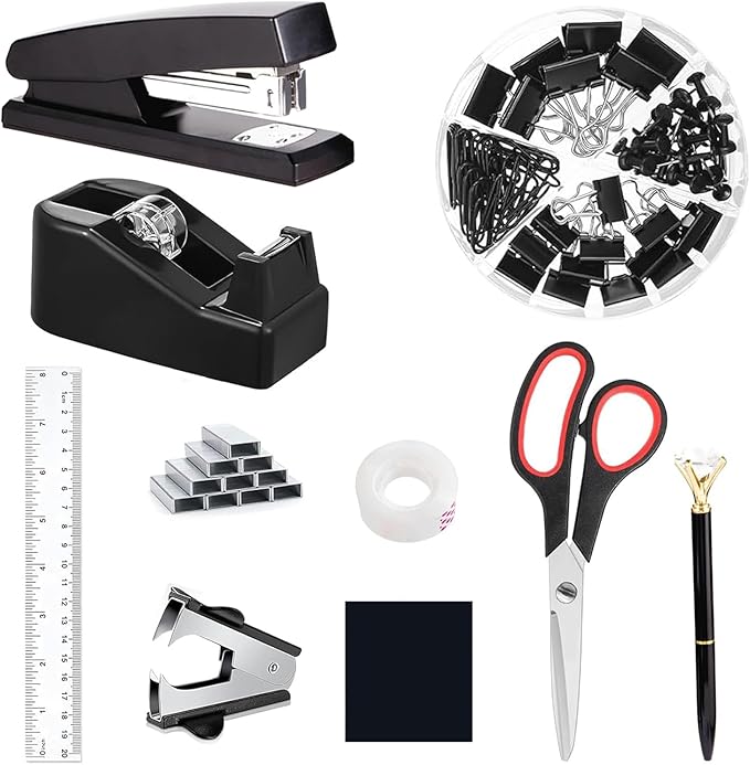 Office Supplies Set,Desk Accessories,Stapler and Tape Dispenser Set,1000 Staples,Staple Remover,Hinder Clips,Ruler,Scissor,Clear Tape,Ballpoint Pen,Sticky Notes,Gifts for Colleagues(Black)