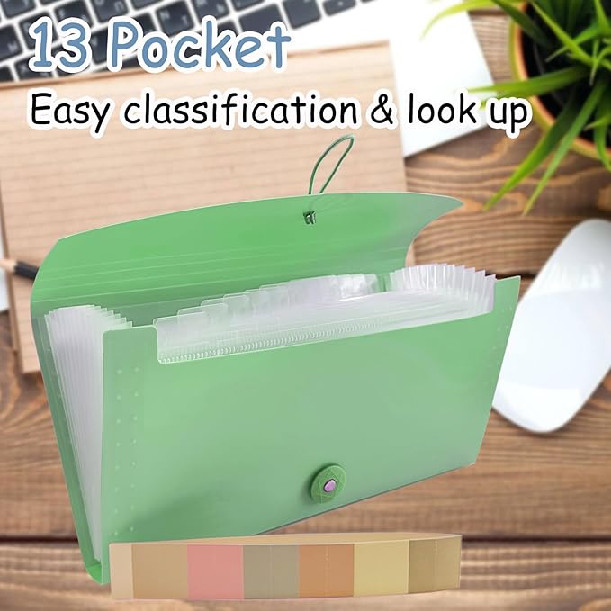 Small Accordion File Organizer - 13 Pocket Expanding Folder for Receipts, Bills, and Envelopes - Money Saving Binder (Green)