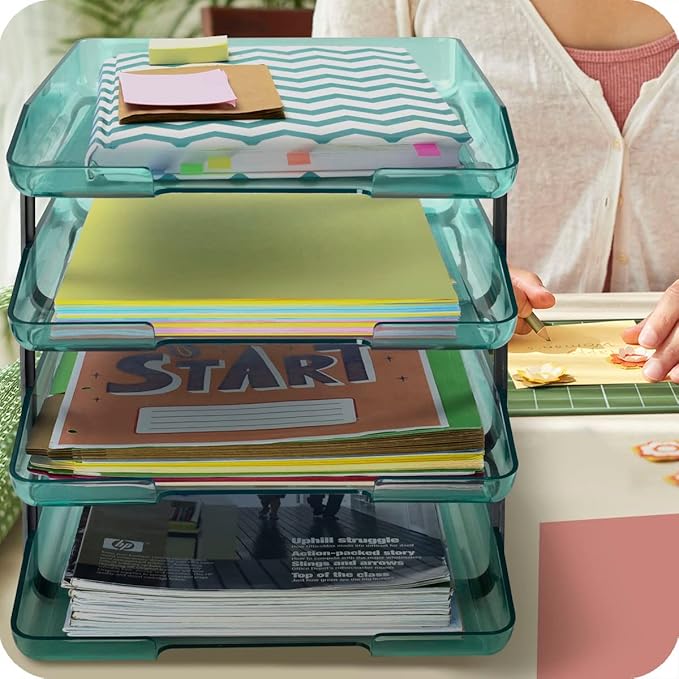 Acrimet Traditional 4 Tier Letter Tray, Front Load Design, A4 Letter Size, Desktop Organizer (Plastic) (Clear Green Color)