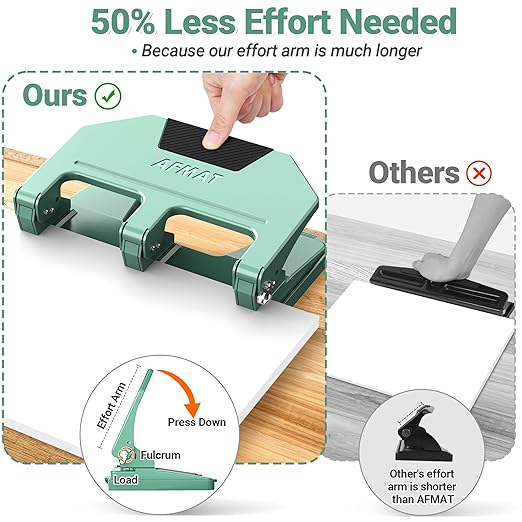 AFMAT HPX3 Heavy Duty 3 Hole Punch, 40-Sheet 3 Hole Puncher for Binder, Metal Three Hole Punch w/ 10,000+ Uses, 50% Reduced Effort, Bulit-in S.S. Paper Guide, Large Chip Tray, Green