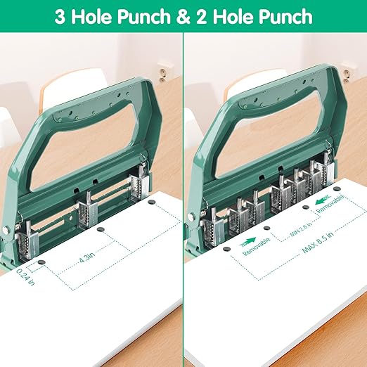 AFMAT HP18 Heavy Duty 3 Hole Punch, 50-Sheet Hole Puncher 3 Ring, 50% Reduced Effort, Adjustable Two & Three Hole Punch, Metal Paper Puncher w/Large Chip Tray, Metal Paper Guide, Green