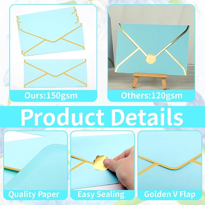 Business Envelopes with V-Flap,Gold Border 30 Pack #10 Envelopes Made of 150gsm Paper, Standard Envelopes with Gold Stickers for Office, Checks, Letter Mailing,9.45 x 4.13 Inches (Light Blue)