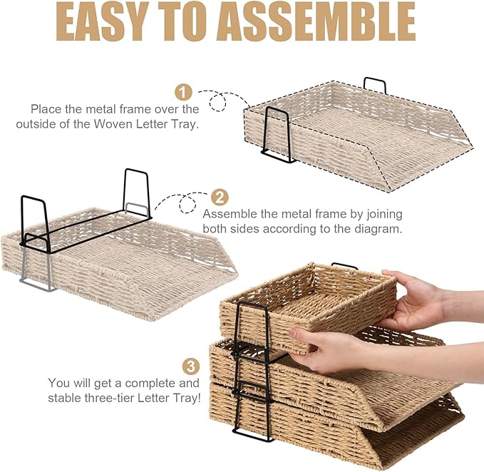 Geelin 3 Pack Woven Paper Rope Stackable Desk Organizer Letter Tray, Tabletop Desk Basket for Storage Paper Letter Folders Notebooks Copy Print, Workspace Holder, Keep Stationery Saver
