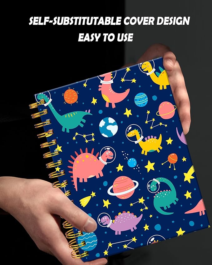Spiral Journal Notebook for Women,A5 College Ruled Notebooks 6"x 8.4", 120 Pages Lined Journal with Premium Thick Paper,Perfect for School Office Home Gifts(Funny dinosaurs planets)
