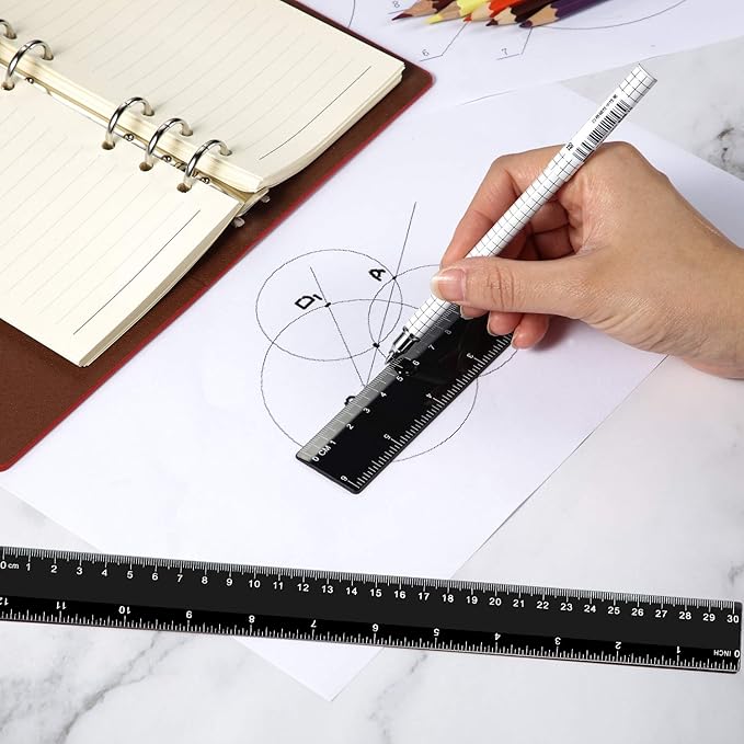 eBoot Plastic Ruler Straight Ruler Plastic Measuring Tool 12 Inches and 6 Inches, 2 Pieces (Black)