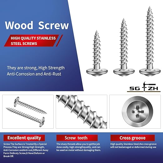 #8 x 1 Inch Wood Screw 250Pcs 410 Stainless Steel Standard Thread Truss Head Fast Self Tapping by SG TZH