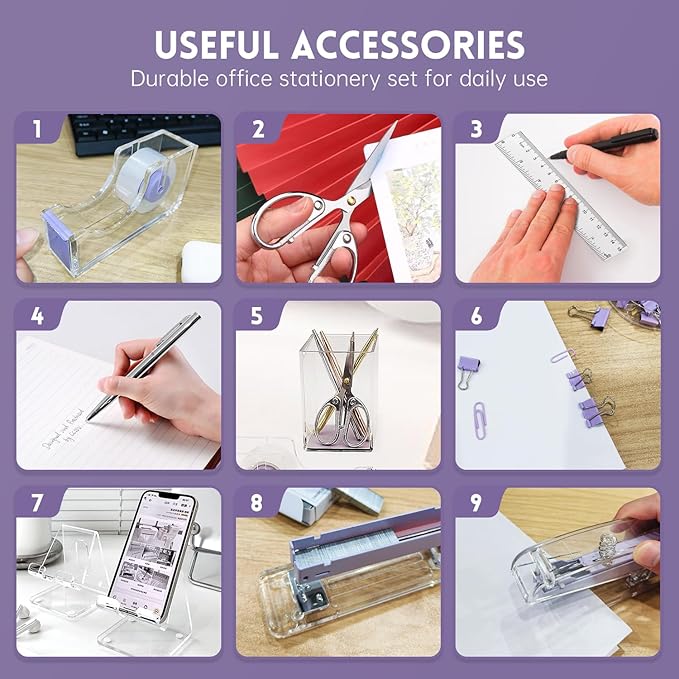 DRQ Purple Desk Organizers and Accessories Office Supplies, 10Pcs Set for Office with Stapler, Tape Dispenser, Pens, Pen Holder, Phone Holder, Tape, Ruler, 1 Box Staple, Scissors and 1 Box of Clip