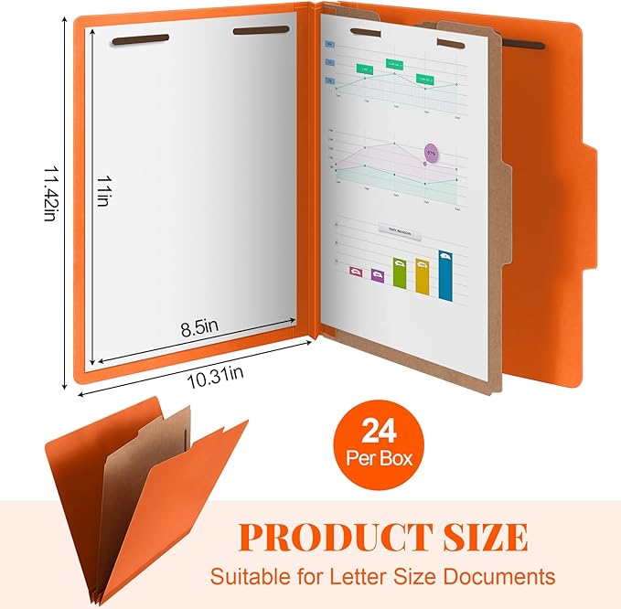 24 Pcs Classification Folders Letter Size, 1 Divider Pressboard File Folder with Fasteners, Expanding File Organizer Bulk for Teachers, Clergy, Office, Church, Christmas Donations (Orange)