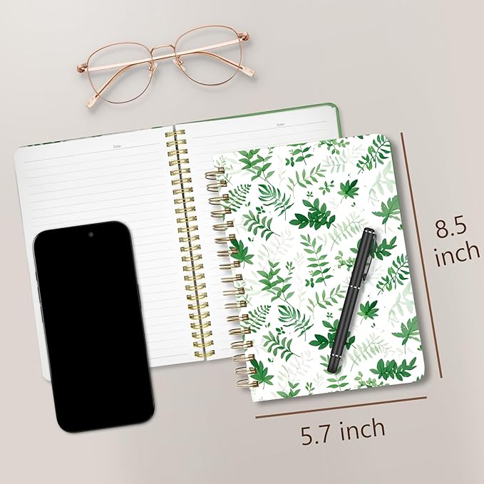 Cute Spiral Notebook journal A5 Aesthetic Pretty Floral Design for Women Girls Kawaii with Pocket, 8.5 x 5.7 inch, Green Leaves