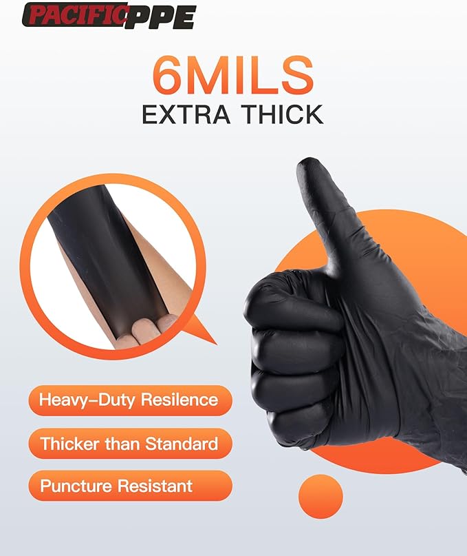 PACIFIC PPE 6-mil Black Nitrile Disposable Gloves, Food-Safe, Powder-Free, Cleaning, Textured Fingertips, Latex-Free, Medium