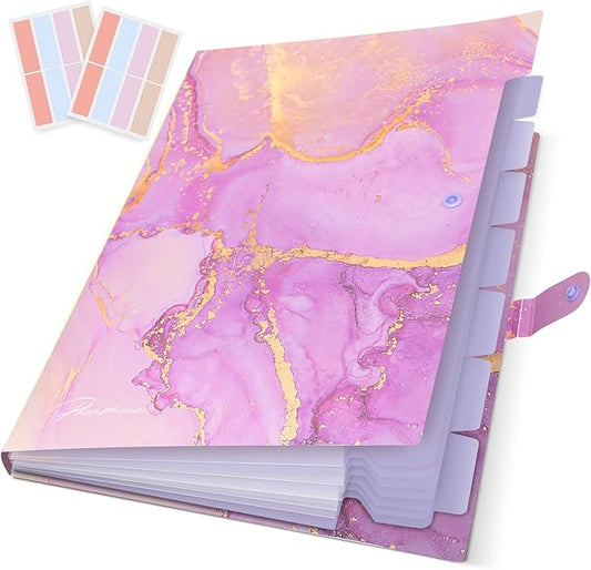 Expanding File Folder, Folders for Important Documents Organizer, Accordion File Organizer, Aesthetic Folders for School Students, 8 Pockets File Folder for Home Bills (Purple Gold Marble)