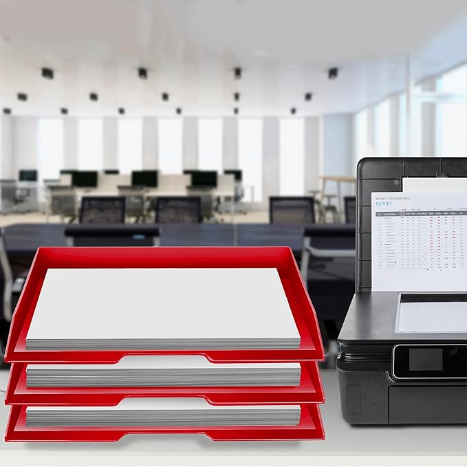 Acrimet Stackable Letter Tray 3 Tier Side Load, Plastic, Desktop File Organizer (Solid Red Color)