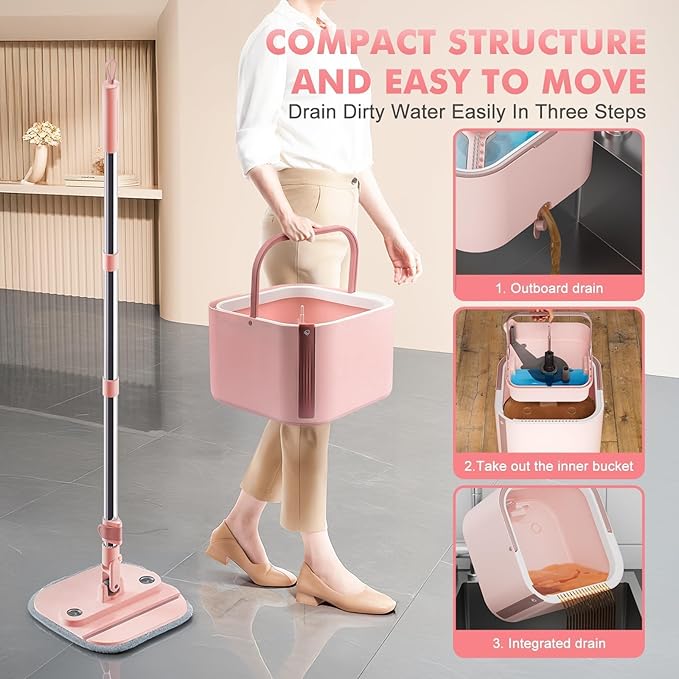 KZKR Square Spin Mop and Bucket Set with Self Separation Dirty and Clean Water System,Self Wringing 360° Rotating Mops Head for Home Floors Cleaning (2.0 mop Bucket Set with 6 Pads)