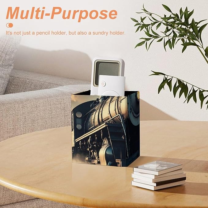 Holder Cup Makeup Brush Storage Organizer, Waterproof Multifunctional Office Supplies, Pen Holder Square Leather Pencil Train