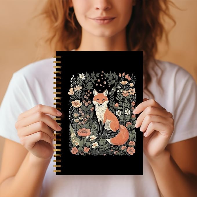 Fox Notebook Journal, Floral Notebook Journal, Fox Gifts for Women, Fox Themed Gifts, Cottagecore Decor Notebook Journal, Animal Lover Gifts, Fox Floral Spiral Notebook 5.5x8.3 Inch