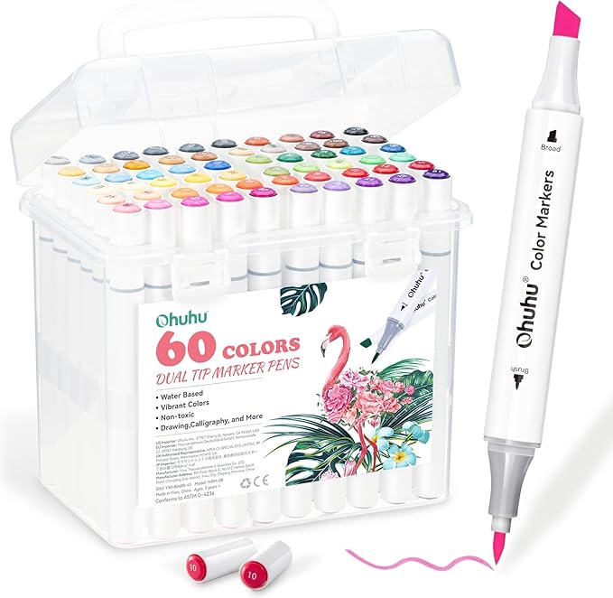 Ohuhu Markers for Adult Coloring Books No Bleeding 60 Colors Water-based Dual Tips Brush & Chisel Coloring Markers for Kids Adults Beginners Drawing Pens for Journaling Lettering