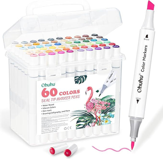 Ohuhu Markers for Adult Coloring Books No Bleeding 60 Colors Water-based Dual Tips Brush & Chisel Coloring Markers for Kids Adults Beginners Drawing Pens for Journaling Lettering