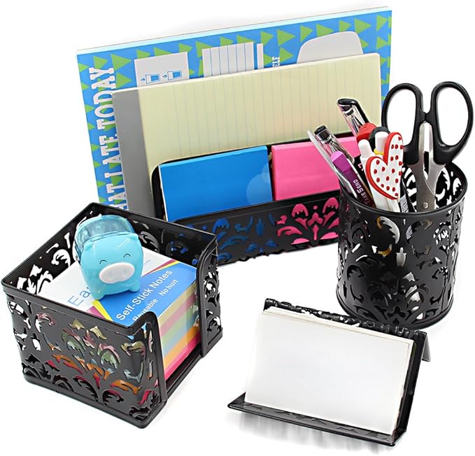 EasyPAG Desk Organizer Set - Pencil Holder Letter Sorter File Holder Business Card Holder and Sticky Note Holder, Black