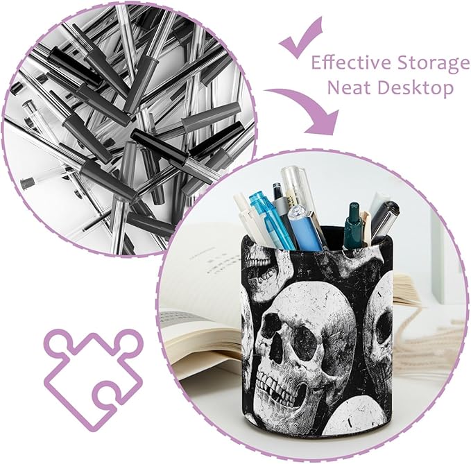 Leather Pen Holder for Desk Skull Pencil Cup Desktop Organizer Makeup Brush Holders Office Supplies for Home, Kids & School