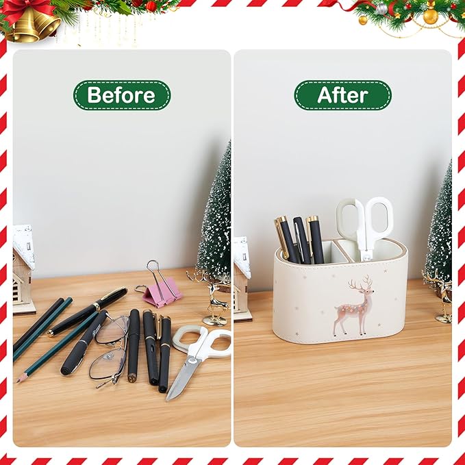 Christmas Pen Holder for Desk, PU Leather Pencil Holder for Desk with 2 Compartments for Home Office Supplies, Christmas Decorations Pencil Cup Desk Organizer