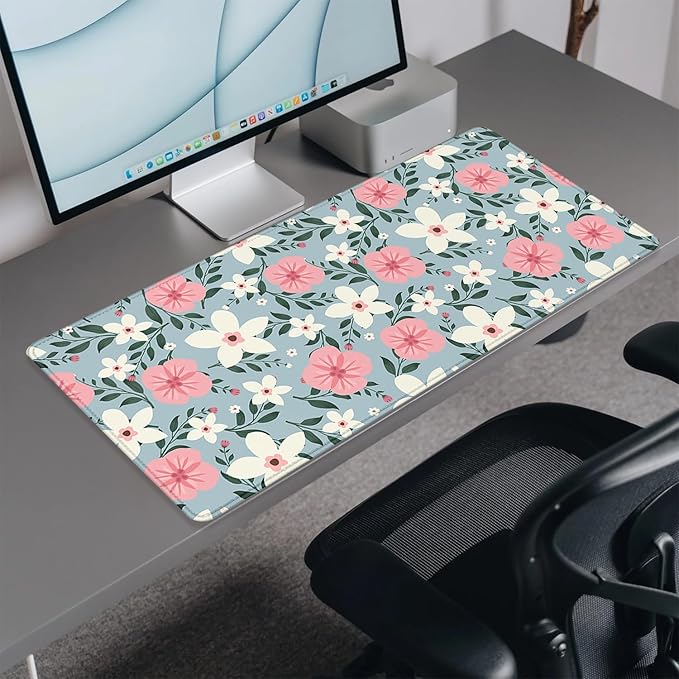 Retro White Pink Flowers Desk Pad Mouse Pad,Extended Large Gaming Floral Mouse Mat with Stitched Edges,Non-Slip Waterproof Rubber Base Mousepad for Office Work Home Desk Mat(27.5X11.8 in)