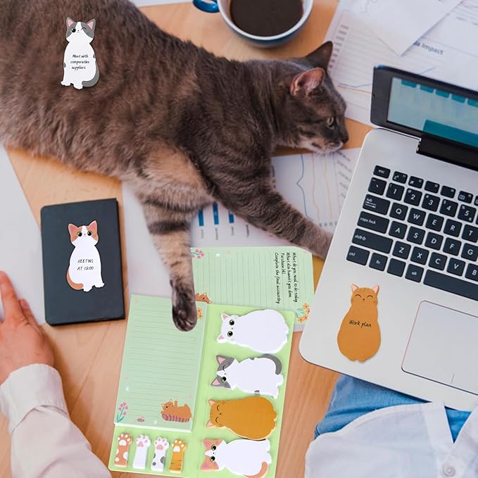 Cat Sticky Notes Set, 360 Sheets Cute Cartoon Animal Cat Self-Stick Notes Pads Cat Themed Memo Pads Cat Paw Page Markers Sticky Index Tabs for Cat Lovers Students Office School Supplies