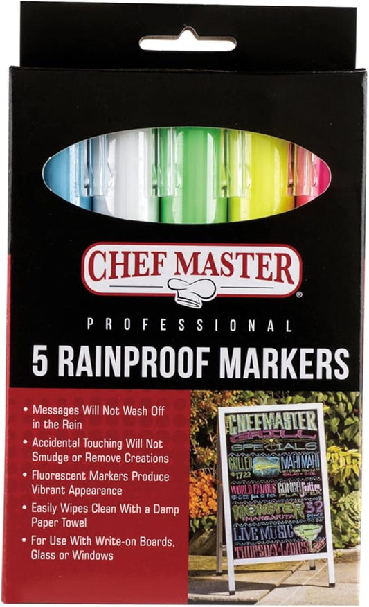 Chef-Master 90032 Waterproof Markers | 5 Different Vibrant Colors | Safe for Use on Outdoor Menu Signs | Smudge-proof & Rainproof Marker Pens | Easily Cleans with a Damp Cloth
